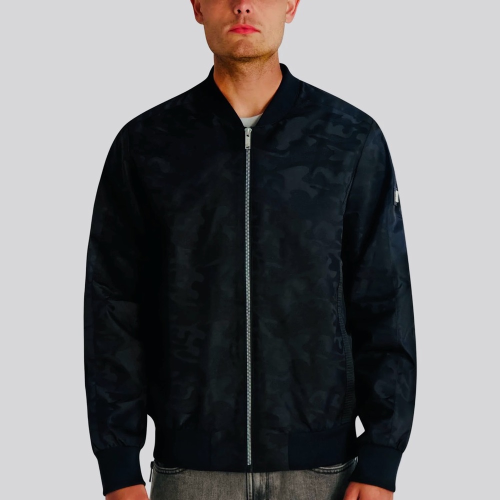 Karl Lagerfeld Paris Men’s Camo Bomber Jacket, Size L, Black